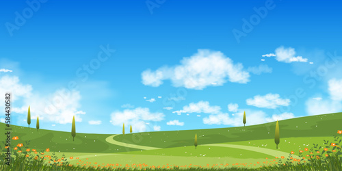 Nature Spring landscape village by the lake with Green Field,Cloud,Blue Sky,Natural rural scene Countryside with forest tree,Mountains in Sunny day Summer,Banner for Eater, Environment day background