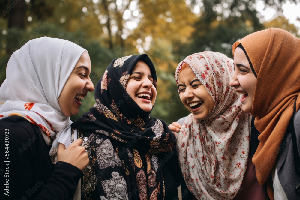 A group of young muslim women wearing headscarves having fun together. Generative ai - obrazy, fototapety, plakaty 