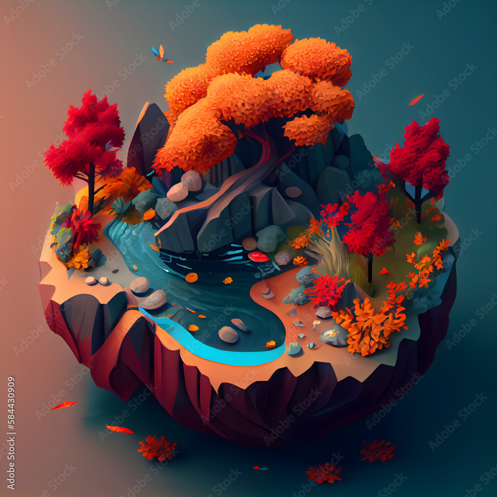 Isometric Rocks Diorama autumn season isometric diorama island in 3d model style. generative ai ...