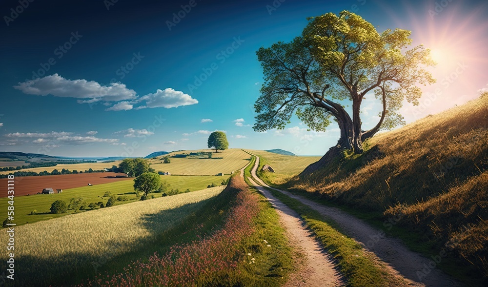 Fototapeta premium a painting of a tree on a hill with a dirt road. generative ai