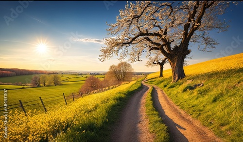  a dirt road with a tree on the side of it.  generative ai © Anna