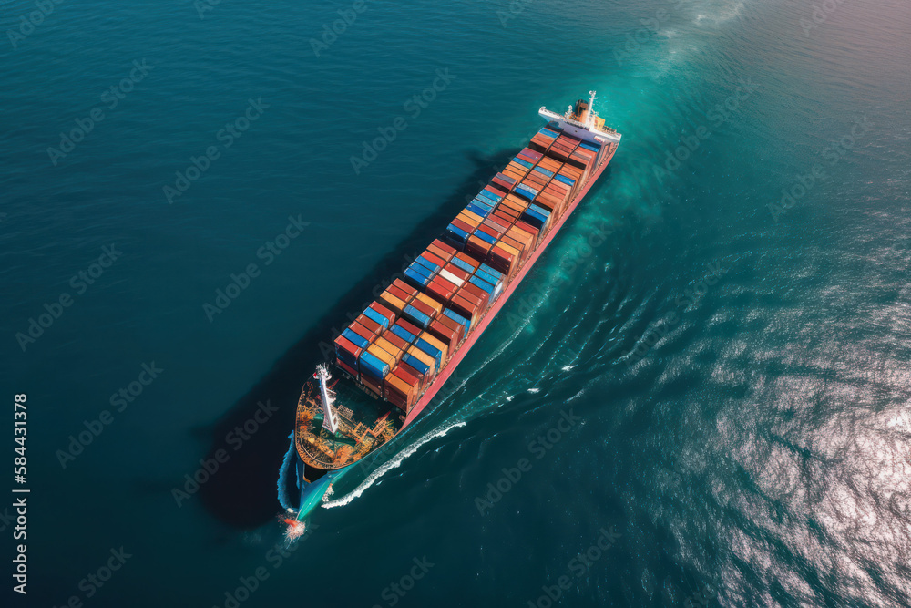 Aerial top view of cargo ship carrying container for import export goods to customer, logistic and supply chain. generative AI