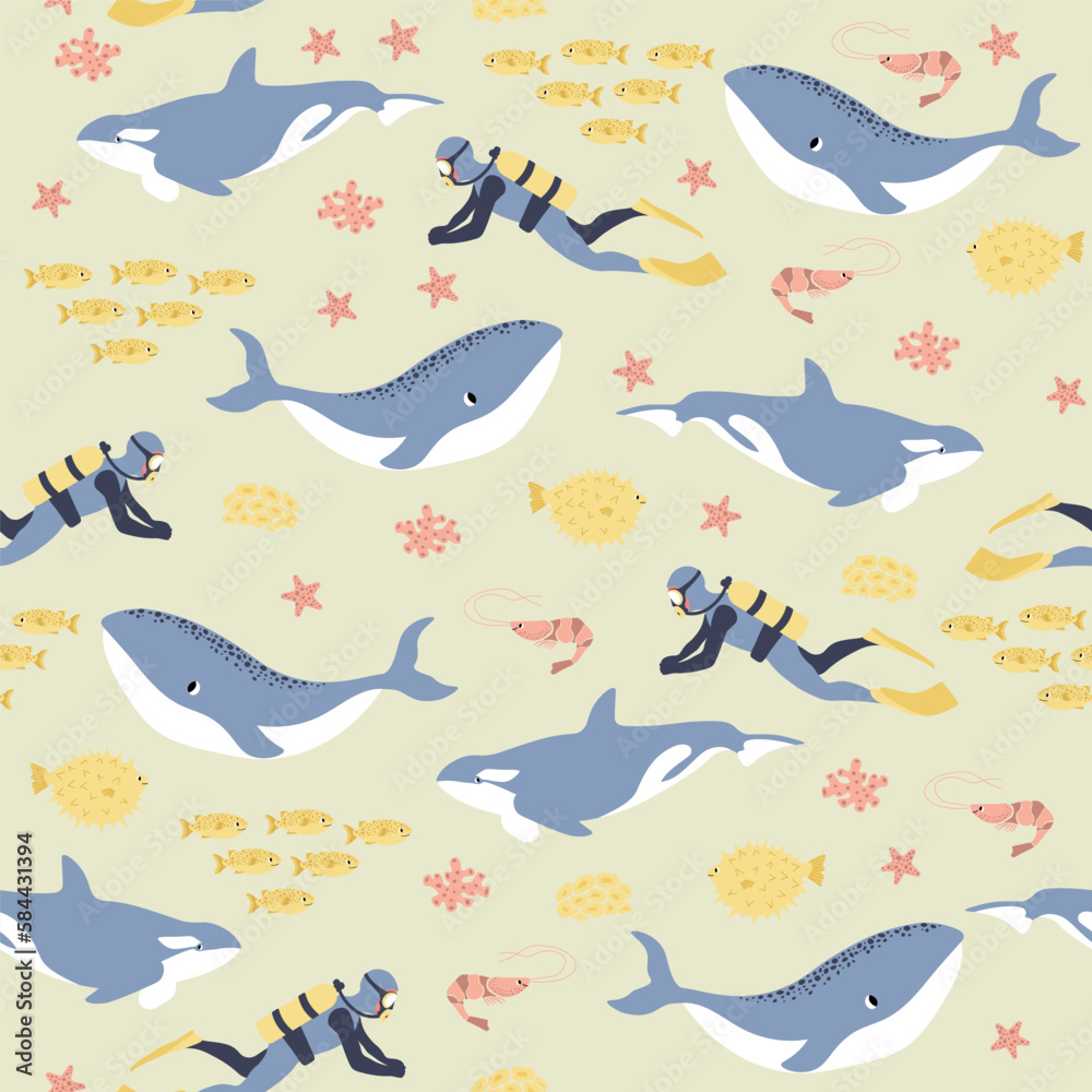 Vector seamless pattern with whale, killer whale, diver, shrimp, algae.Underwater cartoon creatures.Marine background.Cute ocean pattern for fabric, childrens clothing,textiles,wrapping paper