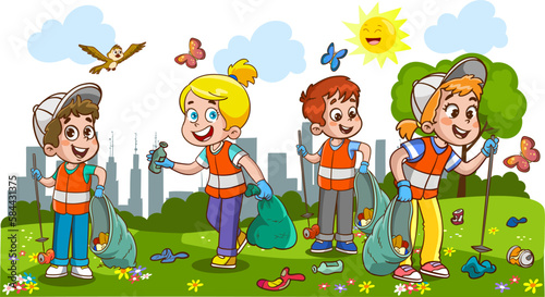 children cleaning the environment from garbage cartoon vector