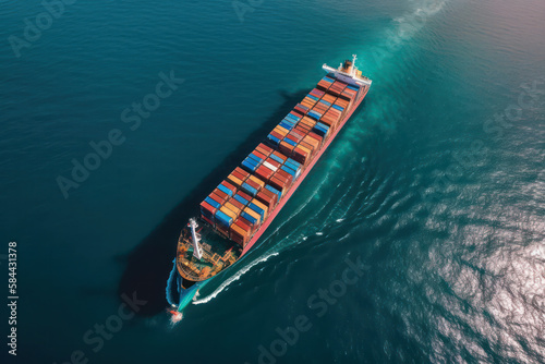 Aerial top view of cargo ship carrying container for import export goods to customer, logistic and supply chain. generative AI
