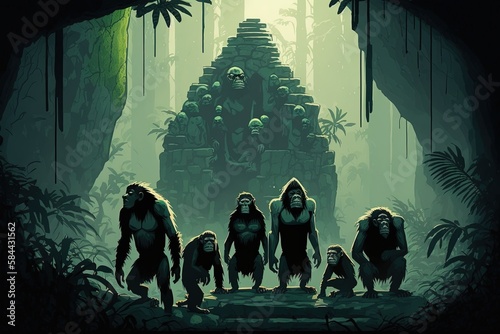 Illustration of a group of monkey in a jungle at night  gathered around religious stone totem  Cult  religion concept. Generative AI
