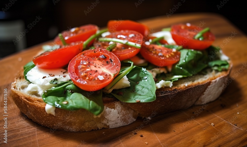  a close up of a sandwich with tomatoes and spinach.  generative ai
