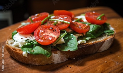  a close up of a sandwich with tomatoes and spinach. generative ai