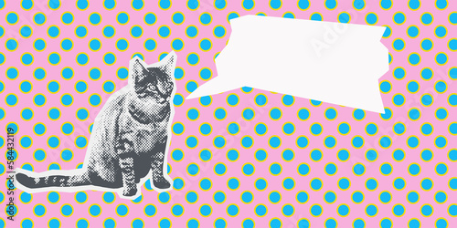 Contemporary digital collage art. Modern trippy design. Cat and dialogue photo