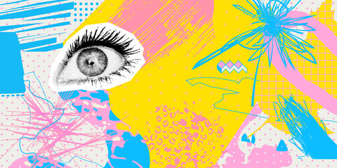 Contemporary digital collage art. Modern trippy design. Eye and abstract creative background