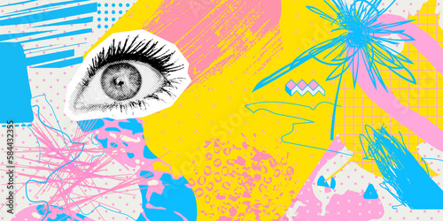 Contemporary digital collage art. Modern trippy design. Eye and abstract creative background
