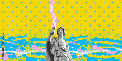 Contemporary digital collage art. Modern trippy design. Antique sculpture and abstract background