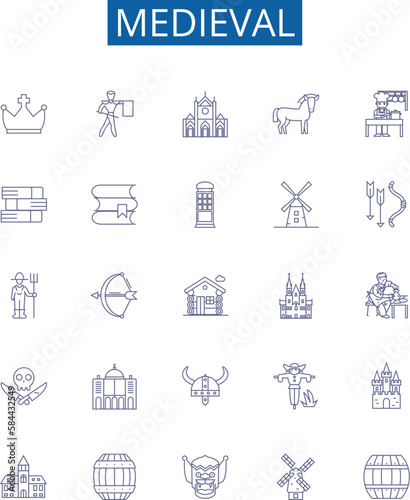 Medieval line icons signs set. Design collection of Medieval, Knights, Castles, Armor, Monarchs, Feudalism, Crusades, Churches outline concept vector illustrations