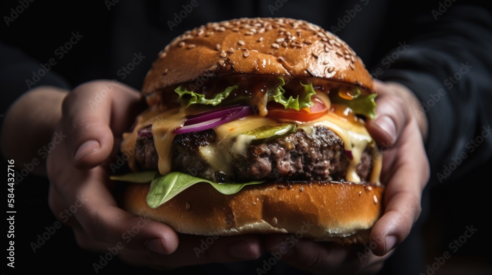 Hands Holding juicy Beef Burger Hands Holding juicy Beef Burger