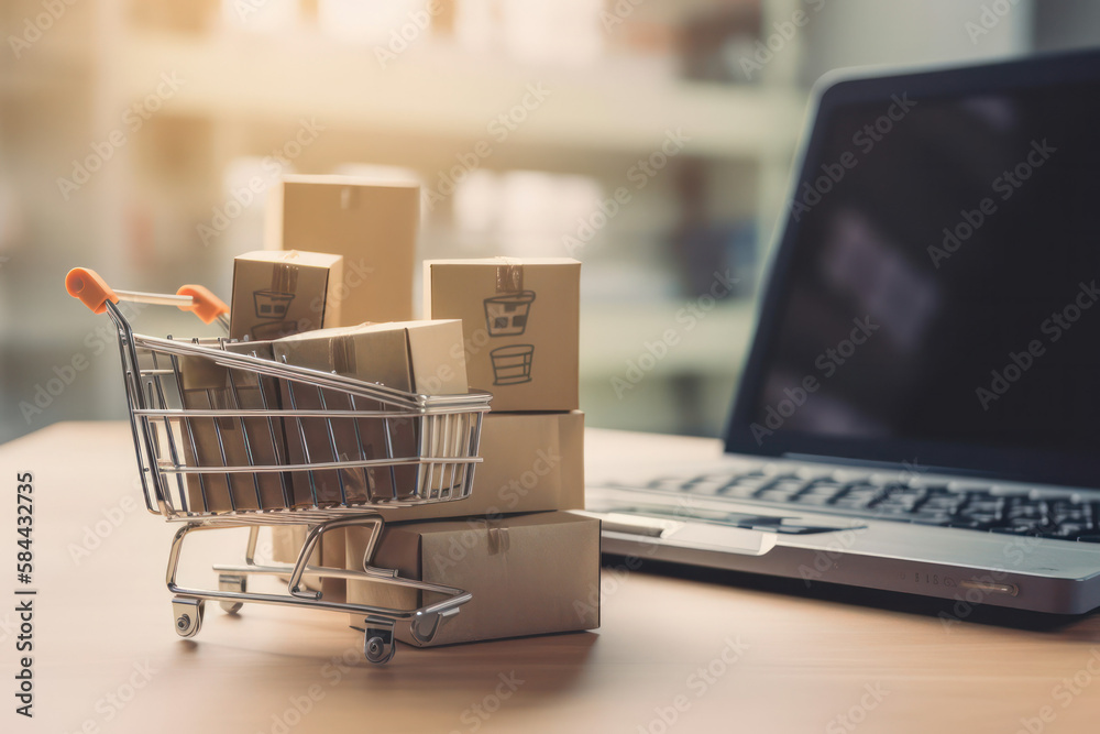 Grocery packaging boxes and a shopping bag in a shopping cart with a laptop in which an online store makes purchases on the screen .concepts of online shopping and delivery. 