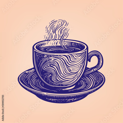 A cup of hot steaming drink. Woodcut engraving style hand drawn vector illustration. Optimized vector.