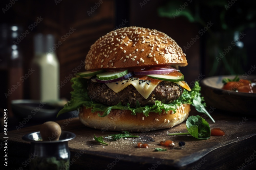 custom made wallpaper toronto digitalJuicy Beef Burger on rustic Wooden Table