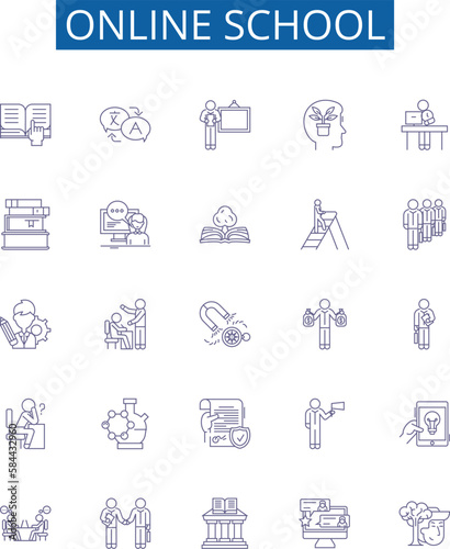 Online school line icons signs set. Design collection of E learning, Virtual, Online, Academy, Classes, Tutoring, Courses, Instruction outline concept vector illustrations