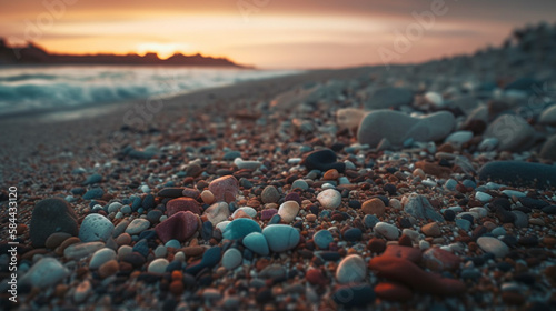 Colorful pebbles on the beach at sunset. Shallow depth of field.generative ai