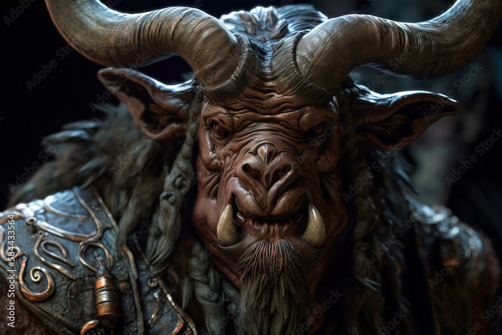 Minotaur mythological bull man with big horns, creature from legends. AI generated. Minotaur mythological bull man with big horns, creature from legends. AI generated.