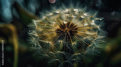 Dandelion seeds with dew drops close up. generative ai