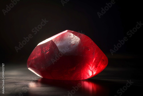 Red beryl is a rare precious natural geological stone on a black background in low key. AI generated. photo