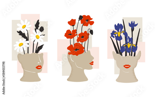 Set of abstract women faces with flowers. Vector floral trendy poster. Wall art collection