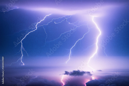 Beautiful lightning flashes in the clouds, night sky. Lightning bolts, thunderbolts. Generative AI
