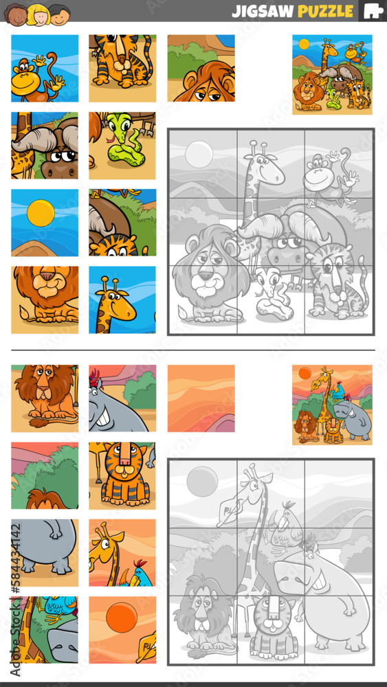 jigsaw puzzle game set with cartoon Safari animals