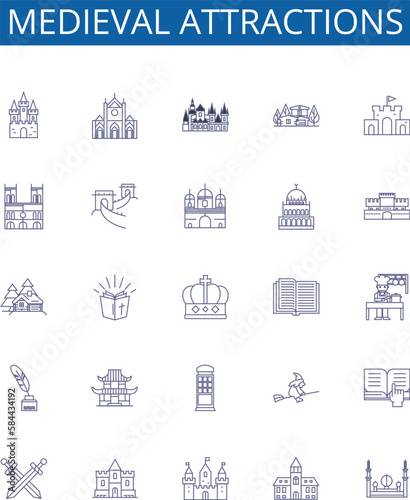 Medieval attractions line icons signs set. Design collection of Castles, Dungeons, Weapons, Armor, Cathedrals, Monasteries, Forts, Siege outline concept vector illustrations