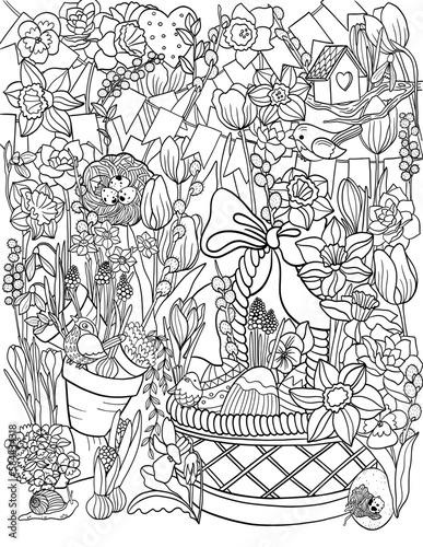 Spring flowers coloring pages. Easter basket, eggs, birdhouse, snail and birds in spring flowers - daffodils, tulips, hyacinths, snowdrops. Line art for adult or kids colouring book in doodle style.