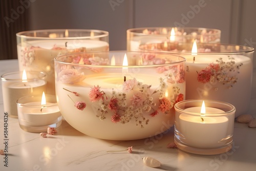 a group of candles sitting on top of a table next to a bowl filled with flowers and candles on top of a table next to other candles. generative ai