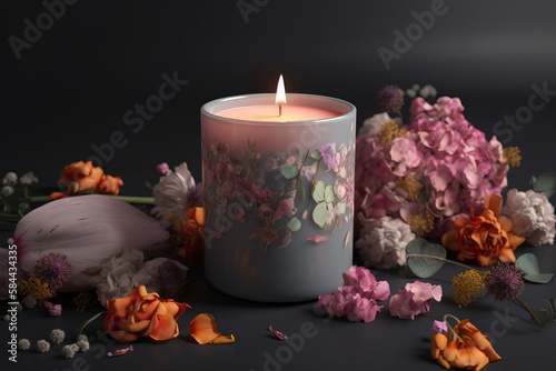  a candle surrounded by flowers on a black background with a white candle in the middle of the photo and a purple candle in the middle of the photo.  generative ai