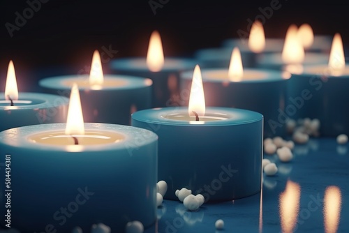  a group of lit candles sitting on top of a blue table covered in small white balls of white sugar next to a black wall with a black background. generative ai