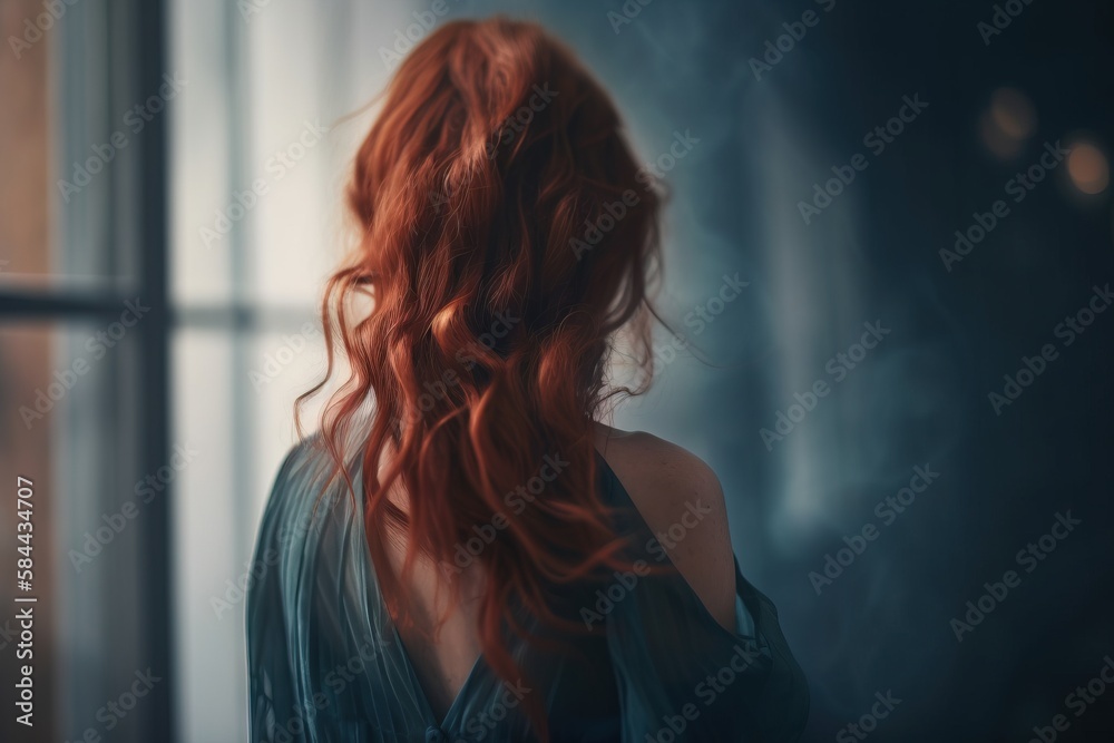 a woman with long red hair standing in front of a glass window looking ...