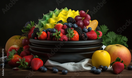  a painting of a bowl of fruit on a wooden table.  generative ai