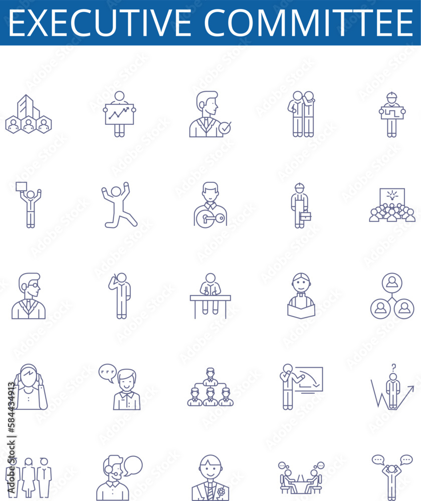 Executive committee line icons signs set. Design collection of executive, committee, leadership, management, strategy, planning, decision-making, communication outline concept vector illustrations - obrazy, fototapety, plakaty 