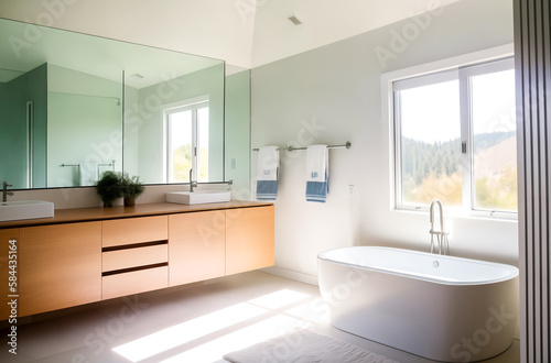 Modern interior of a bright bathroom with cottage windows and sunlight through them with a view of the nature of the mountains. Generative AI.