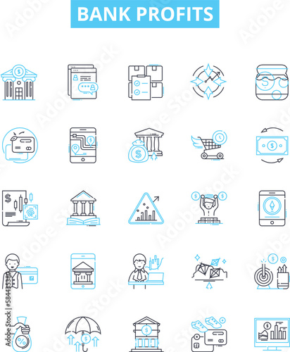 Bank profits vector line icons set. Bank, Profits, Gain, Return, Yield, Dividend, Interest illustration outline concept symbols and signs