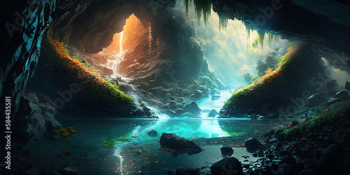 colorfull crystall cave inside the mountain. Waterfalls Generative AI Digital Illustration Part#24032
