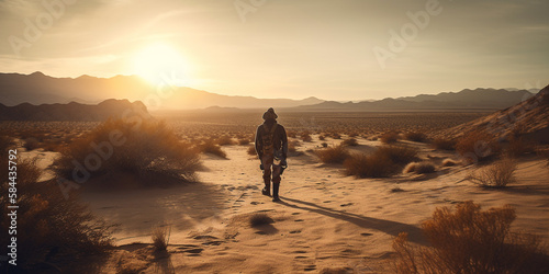 Desert landscape with a lone traveler vintage nostalgic Generative AI Digital Illustration Part#24032