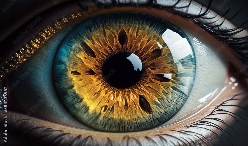  a close up of a human eye with a yellow iris.  generative ai