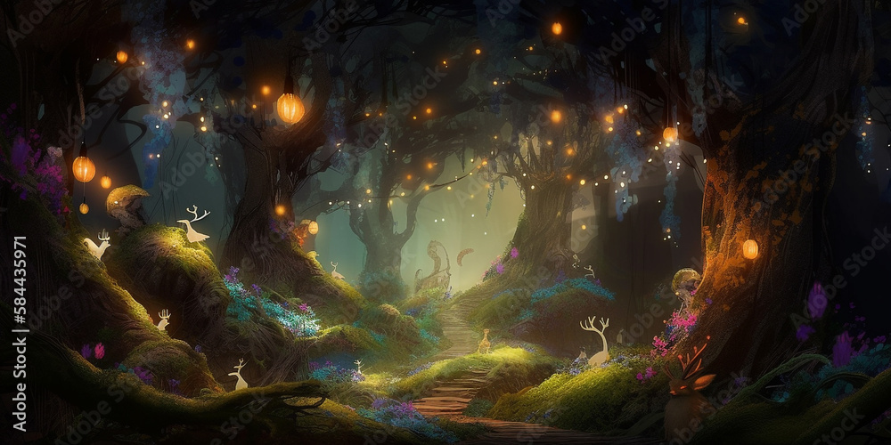 Enchanted forest with magical creatures whimsical mystic Generative AI Digital Illustration Part#24032