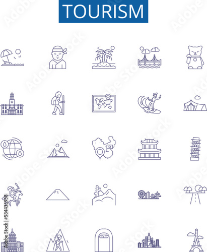 Tourism line icons signs set. Design collection of Travel, Sightseeing, Holiday, Vacation, Adventure, Hotels, Exploring, Trips outline concept vector illustrations