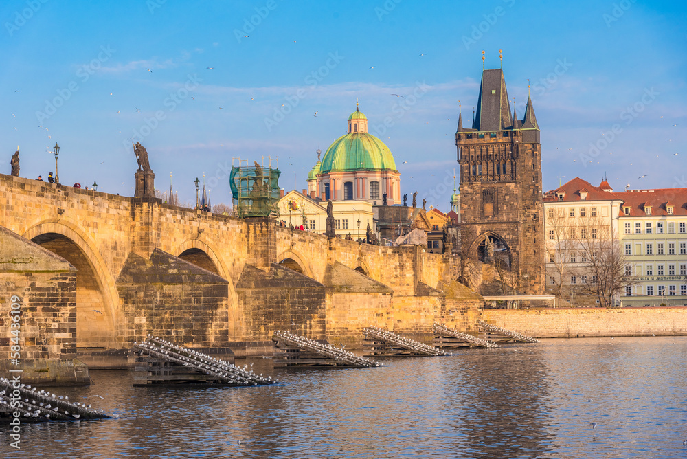 Cityscape of Prague with medieval towers and colorful buildings, Czech Republic