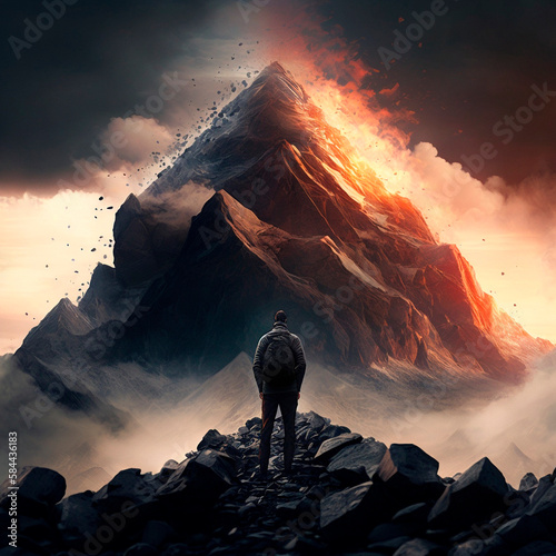 A man stands in front of an active volcano