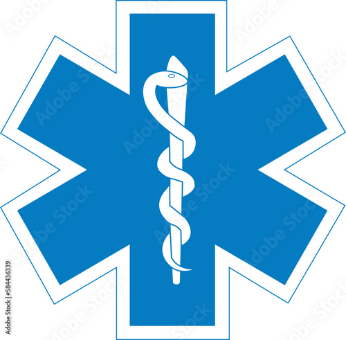 Medical symbol blue Star of Life with Rod of Asclepius icon isolated on white background. First aid. Paramedic logo. Emergency symbol. Vector illustration.