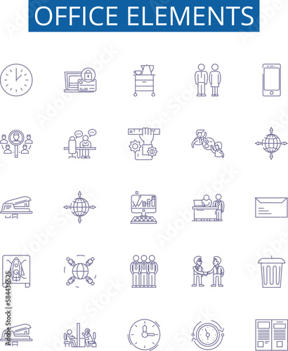 Office elements line icons signs set. Design collection of Desk, Chair, Pen, Printer, Monitor, Keyboard, Computer, File outline concept vector illustrations