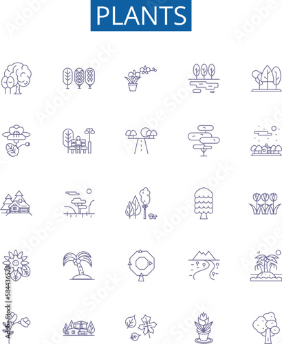 Plants line icons signs set. Design collection of Flora, Growth, Photosynthesis, Foliage, Algae, Trees, Shrubs, Petals outline concept vector illustrations