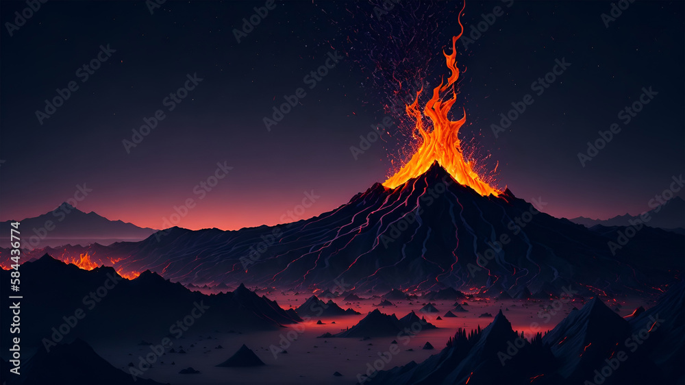Night landscape with volcano and burning lava. Volcano eruption, fantasy landscape. (ai generated)